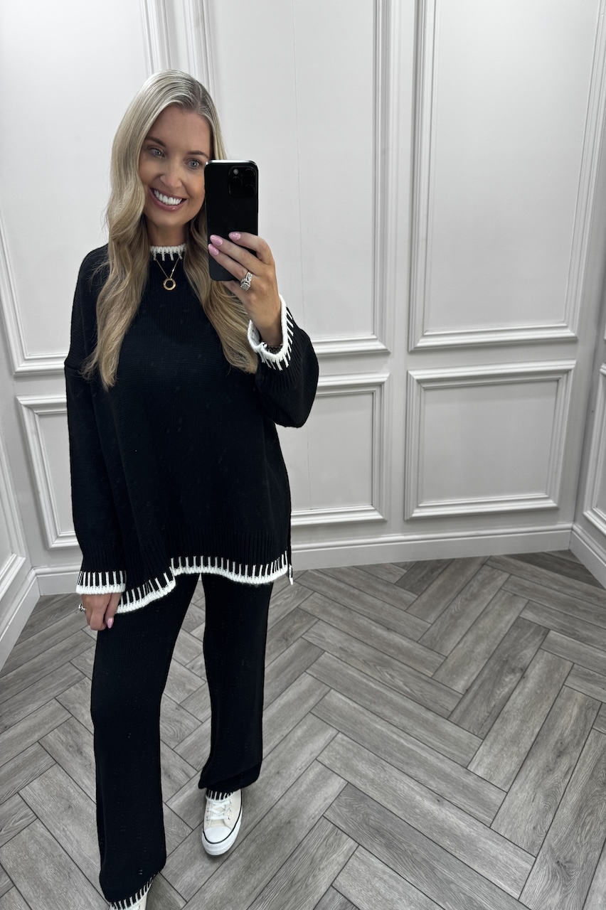 Lucia Black Contrast Stitch Detail Loungewear Set