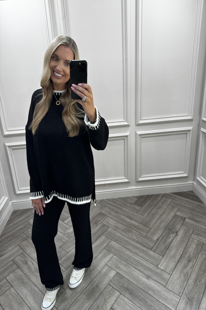 Lucia Black Contrast Stitch Detail Loungewear Set