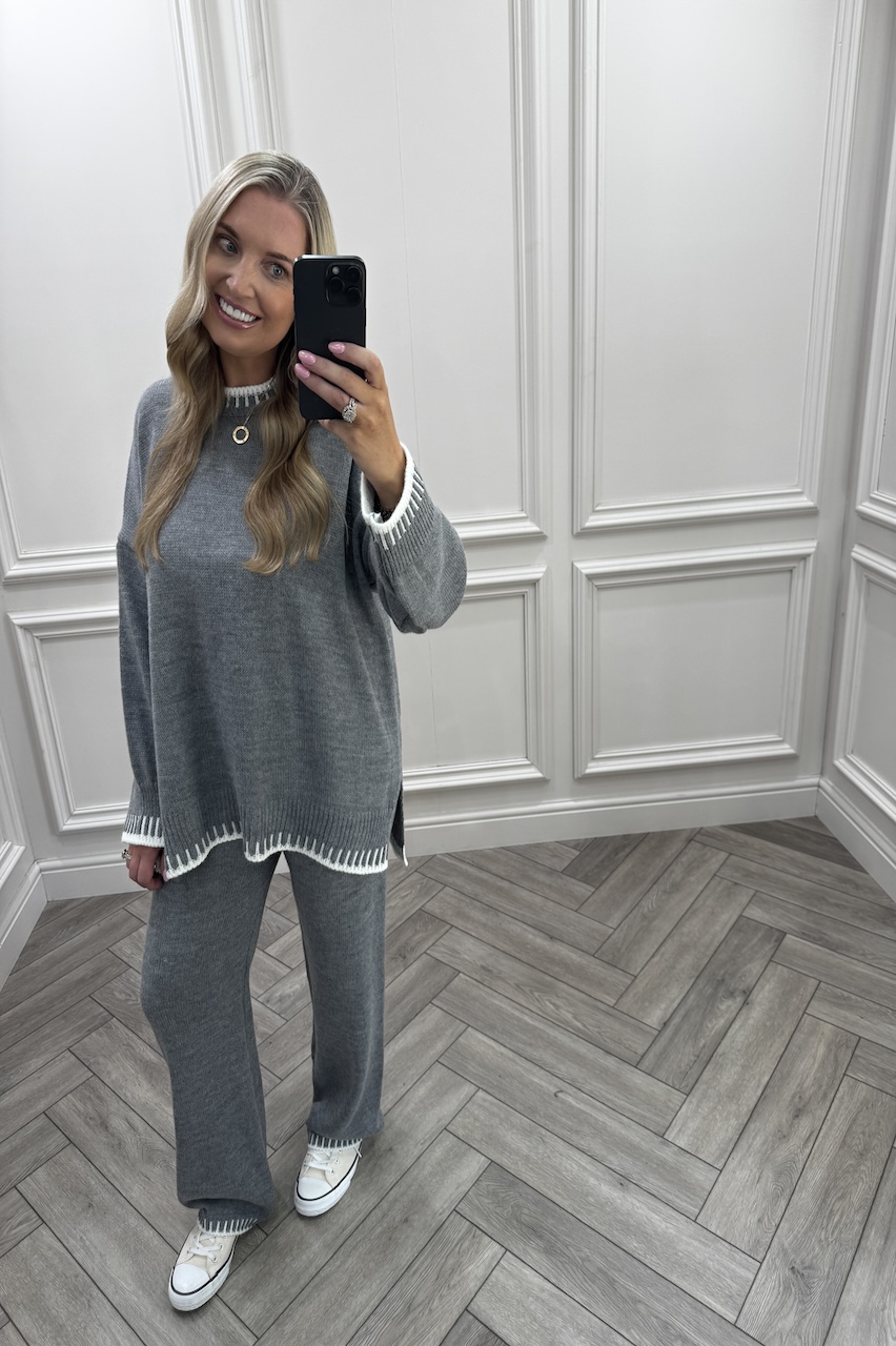 Lucia Grey Contrast Stitch Detail Loungewear Set