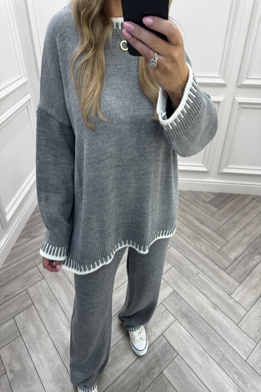 Lucia Grey Contrast Stitch Detail Loungewear Set