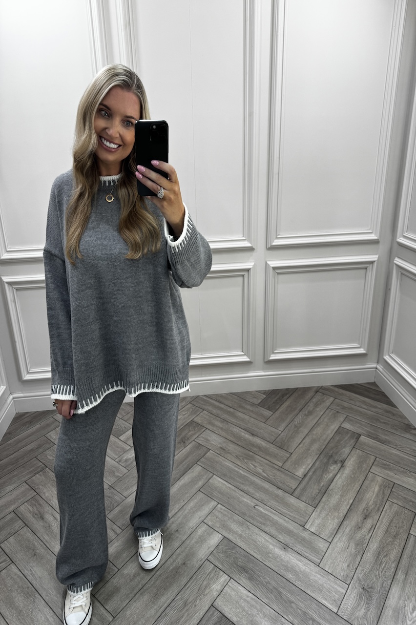 Lucia Grey Contrast Stitch Detail Loungewear Set
