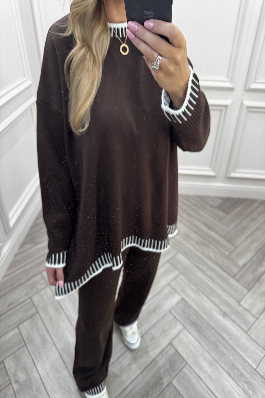 Lucia Brown Contrast Stitch Detail Loungewear Set
