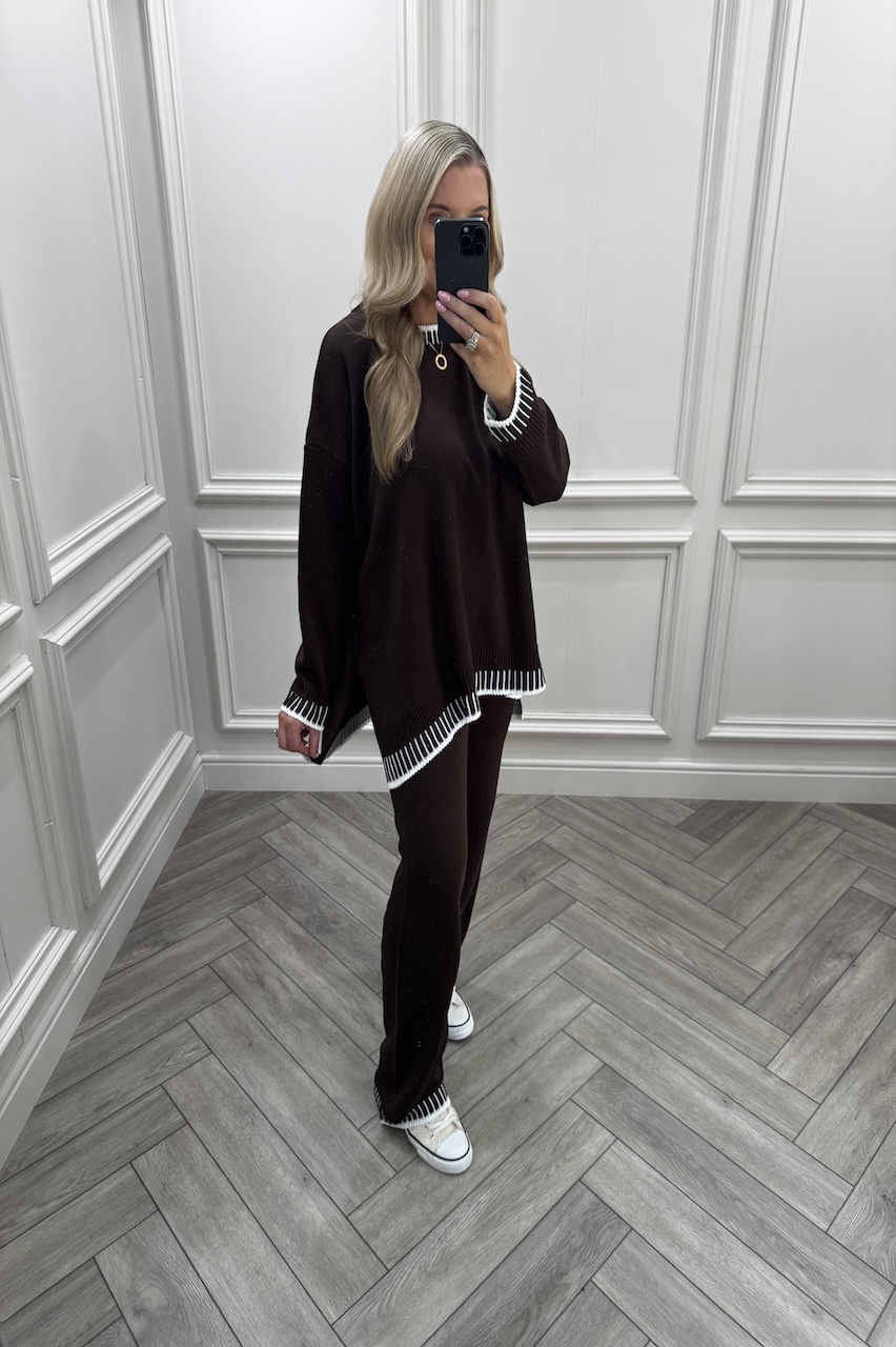 Lucia Brown Contrast Stitch Detail Loungewear Set
