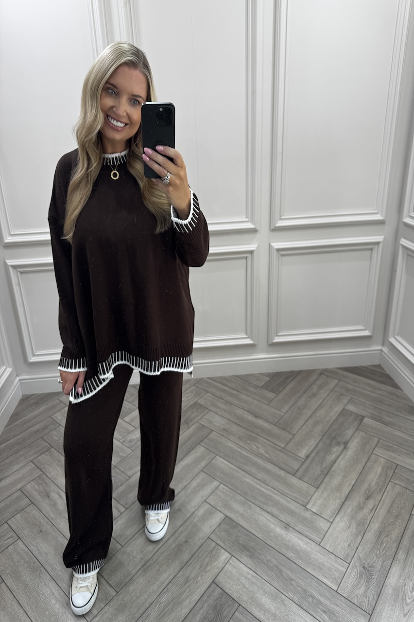 Lucia Brown Contrast Stitch Detail Loungewear Set