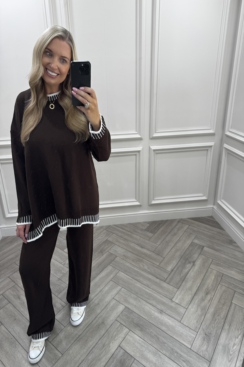 Lucia Brown Contrast Stitch Detail Loungewear Set