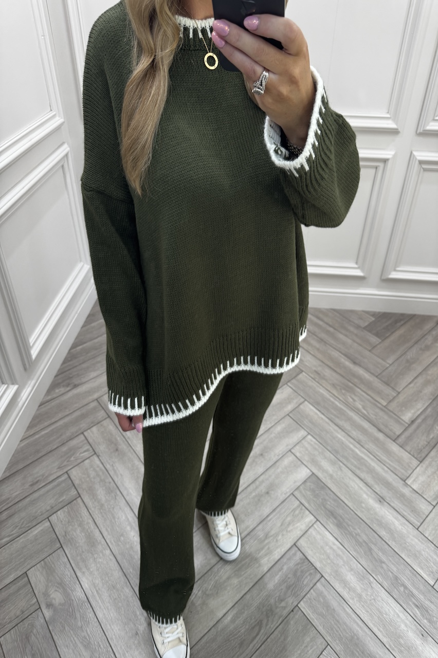 Lucia Khaki Contrast Stitch Detail Loungewear Set
