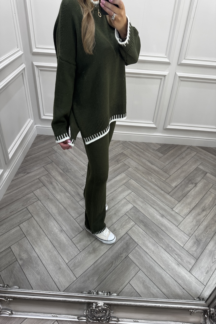 Lucia Khaki Contrast Stitch Detail Loungewear Set