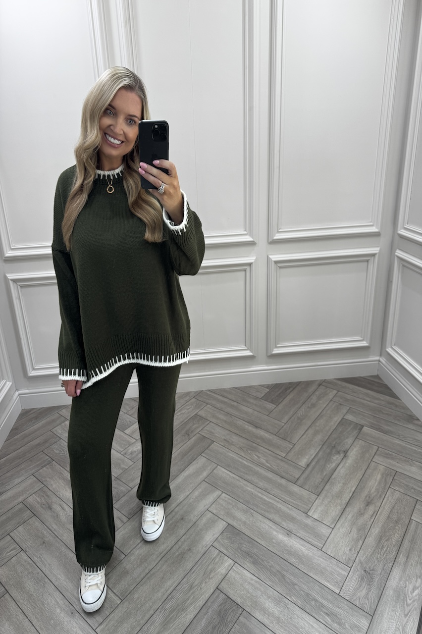 Lucia Khaki Contrast Stitch Detail Loungewear Set