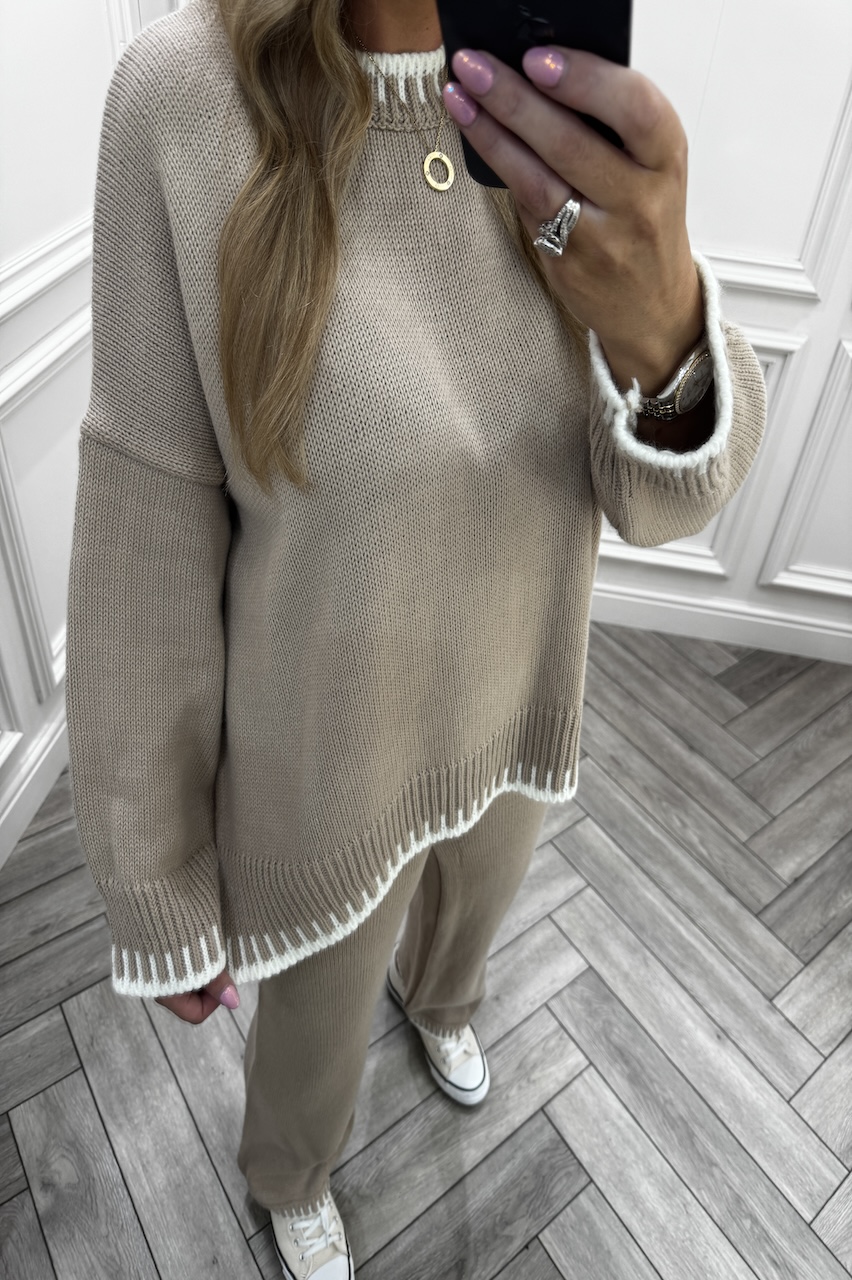 Lucia Beige Contrast Stitch Detail Loungewear Set