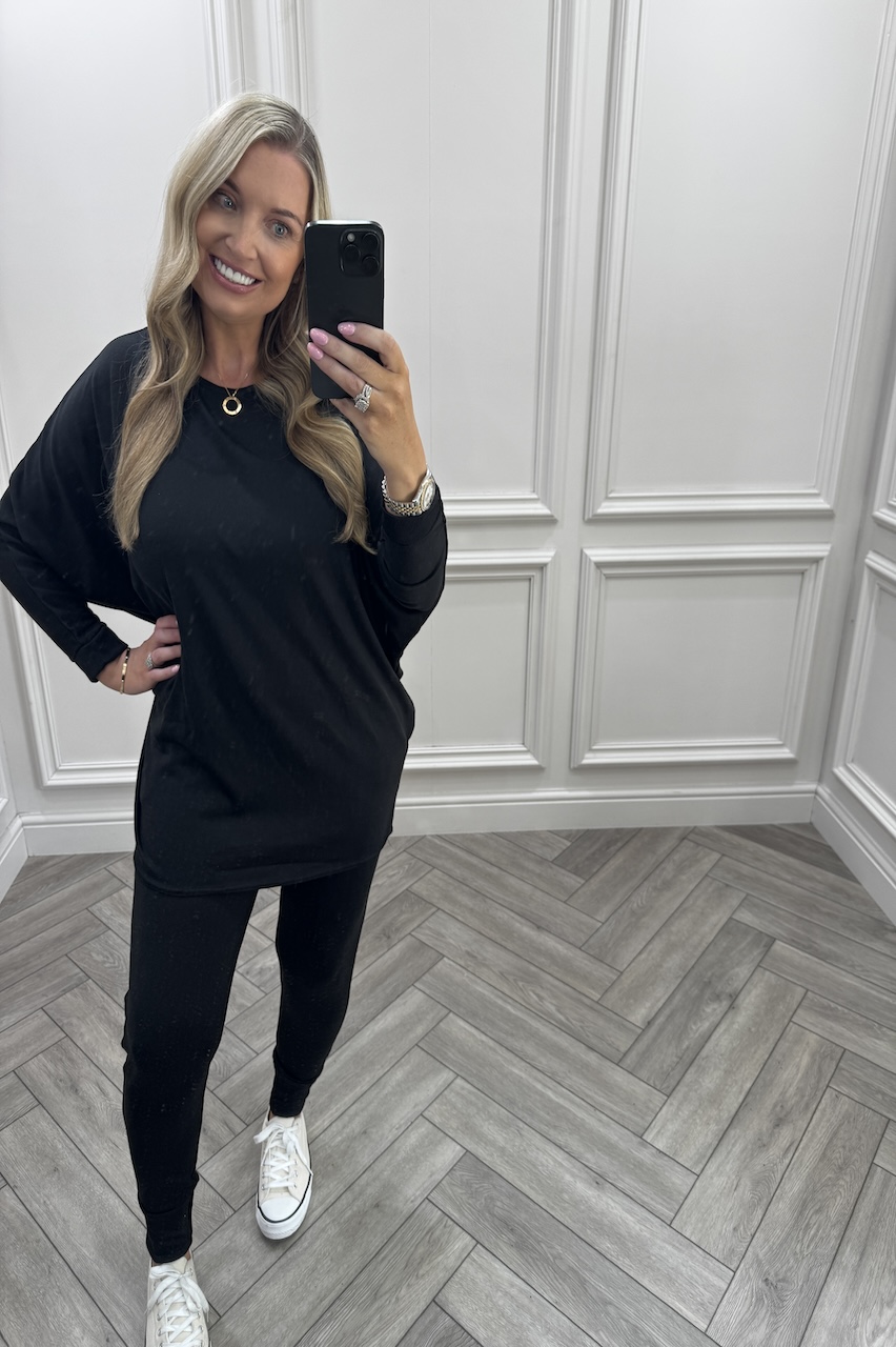 Black Every Day Lounge Set With Dip Hem  Top