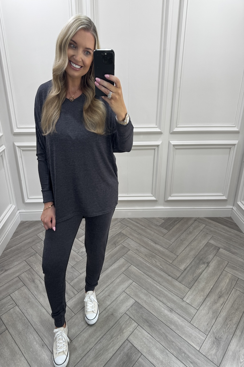 Charcoal  Every Day Lounge Set With Dip Hem  Top
