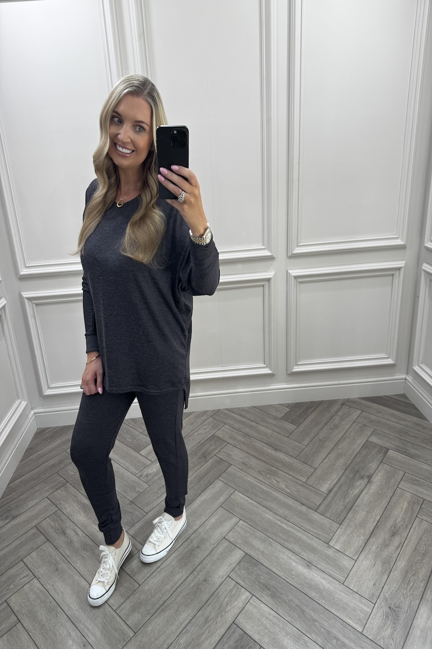 Charcoal  Every Day Lounge Set With Dip Hem  Top