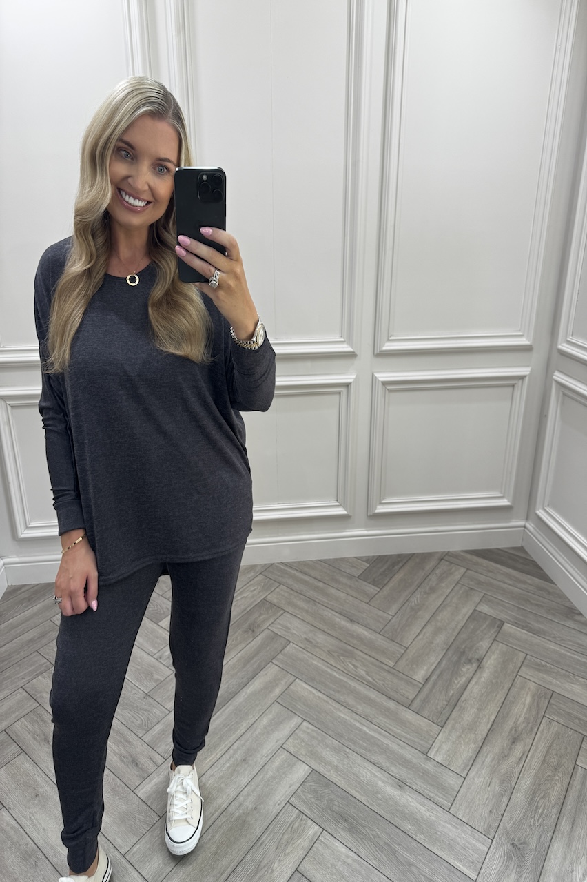 Charcoal  Every Day Lounge Set With Dip Hem  Top