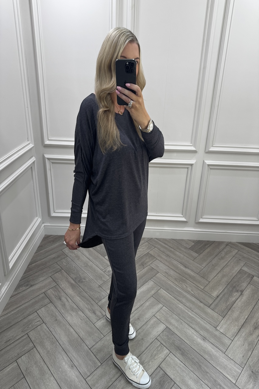 Charcoal  Every Day Lounge Set With Dip Hem  Top