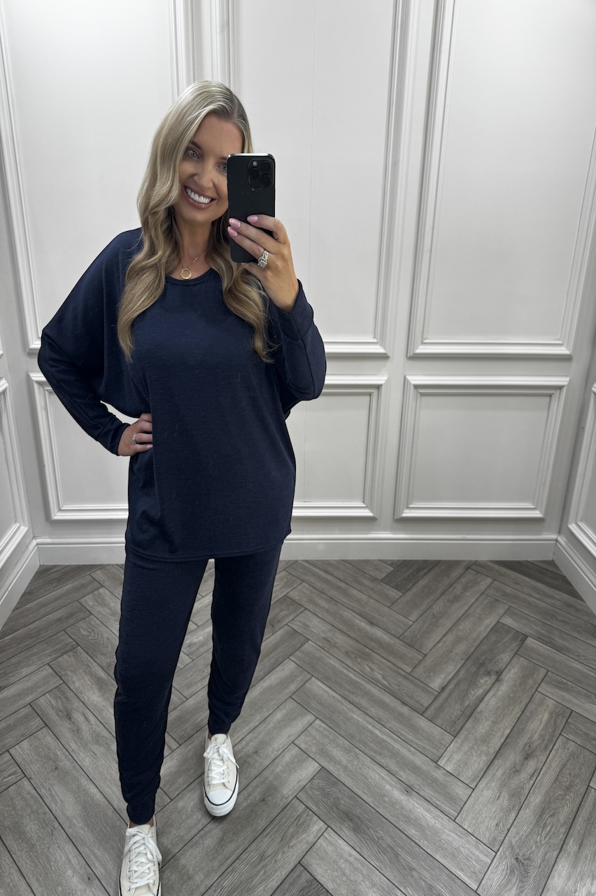 Navy Every Day Lounge Set With Dip Hem  Top