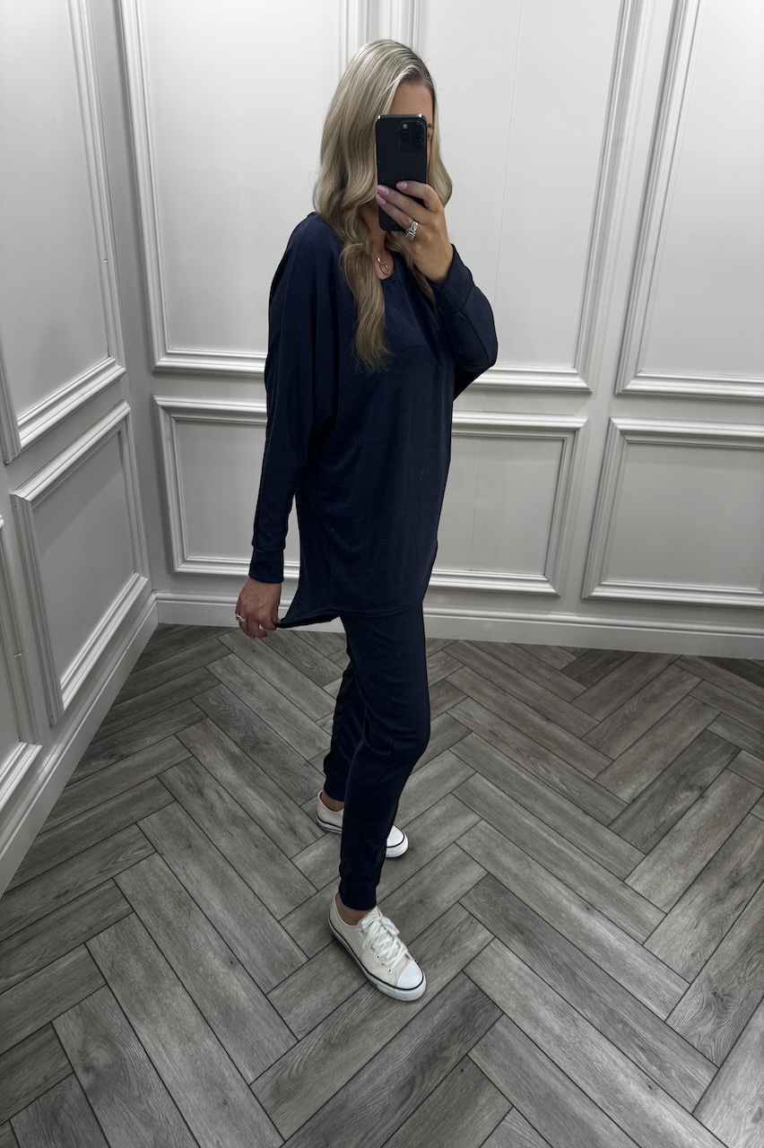 Navy Every Day Lounge Set With Dip Hem  Top
