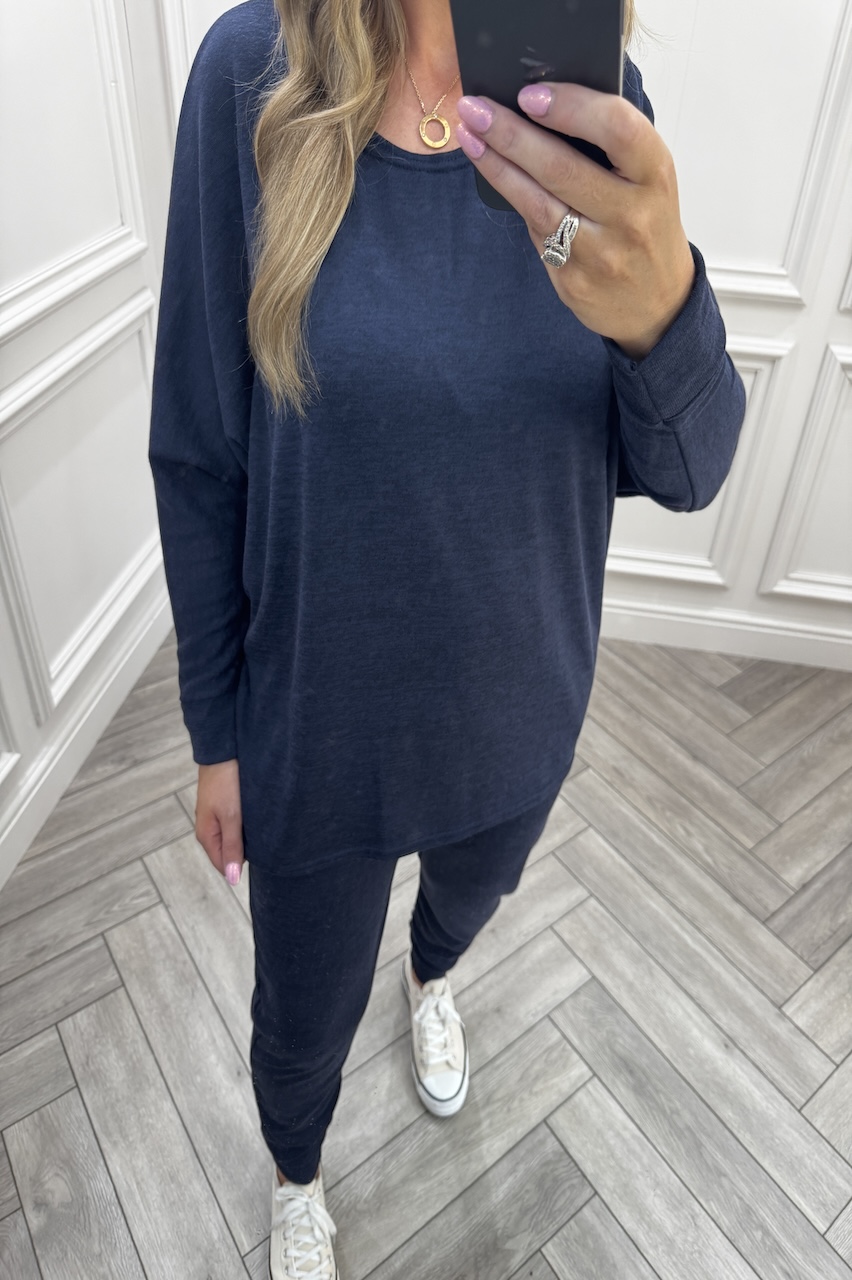 Navy Every Day Lounge Set With Dip Hem  Top