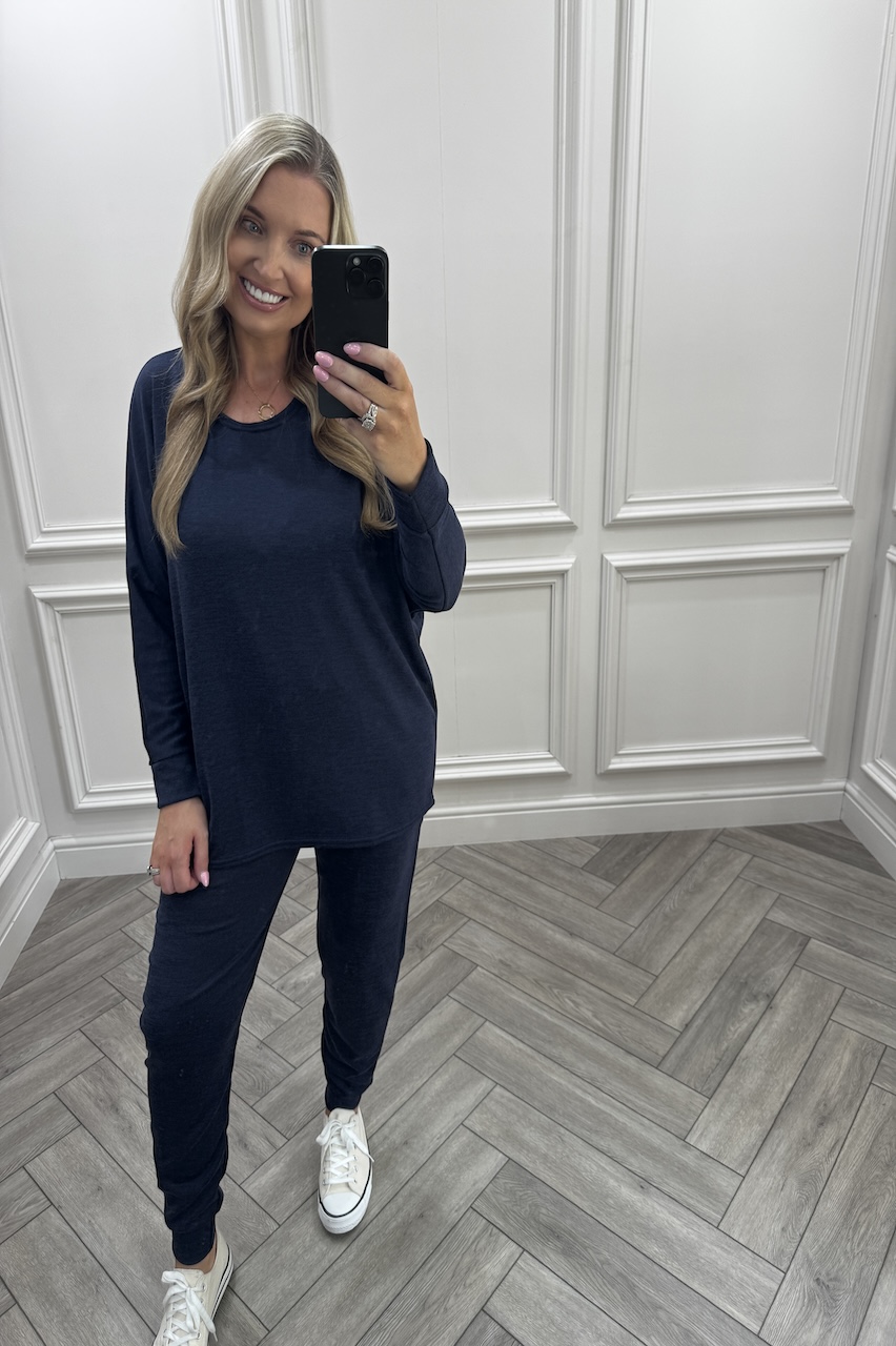 Navy Every Day Lounge Set With Dip Hem  Top