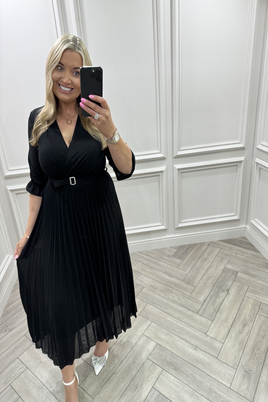 Victoria Black Lux Pleated Midi Dress