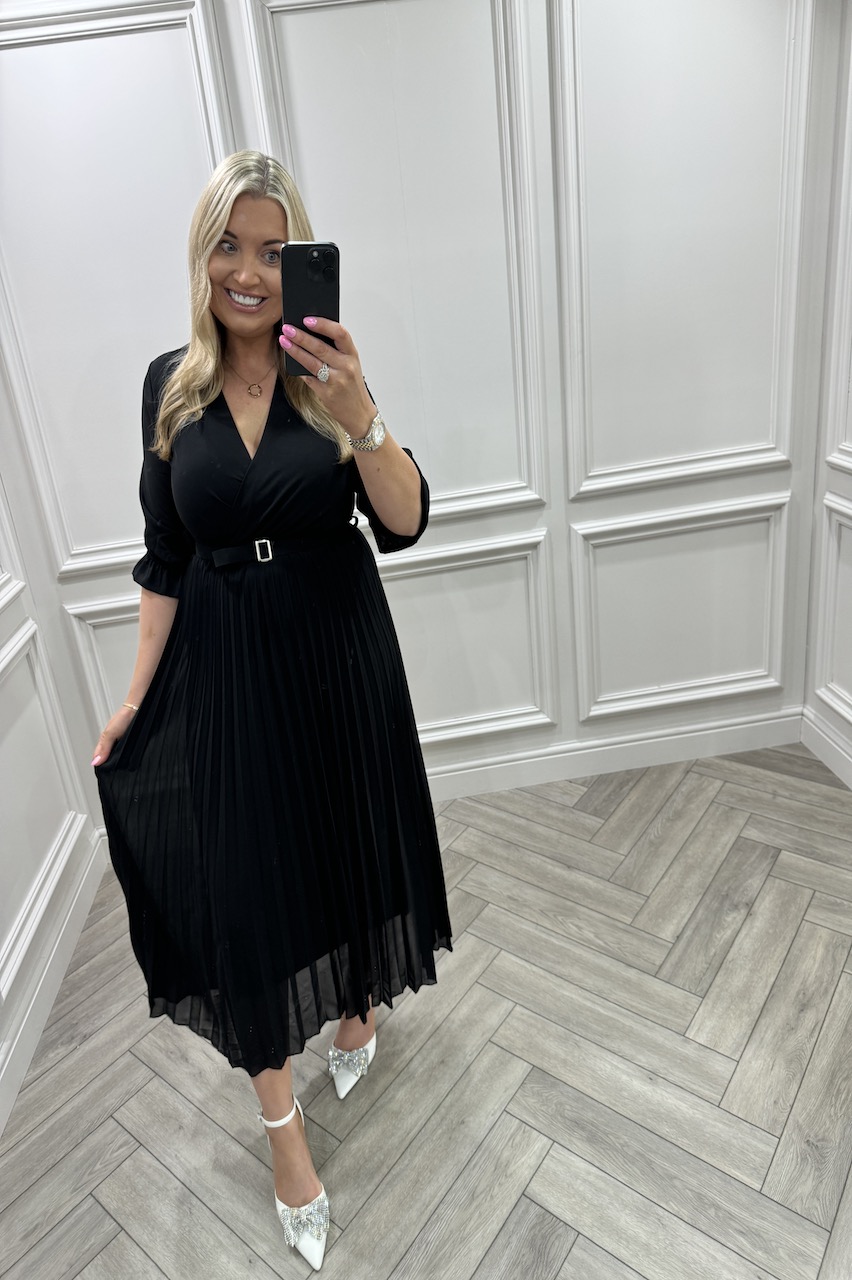 Victoria Black Lux Pleated Midi Dress