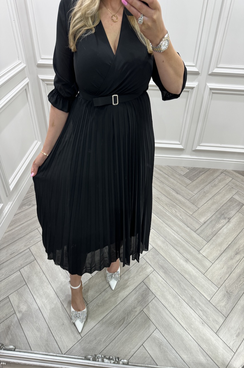 Victoria Black Lux Pleated Midi Dress