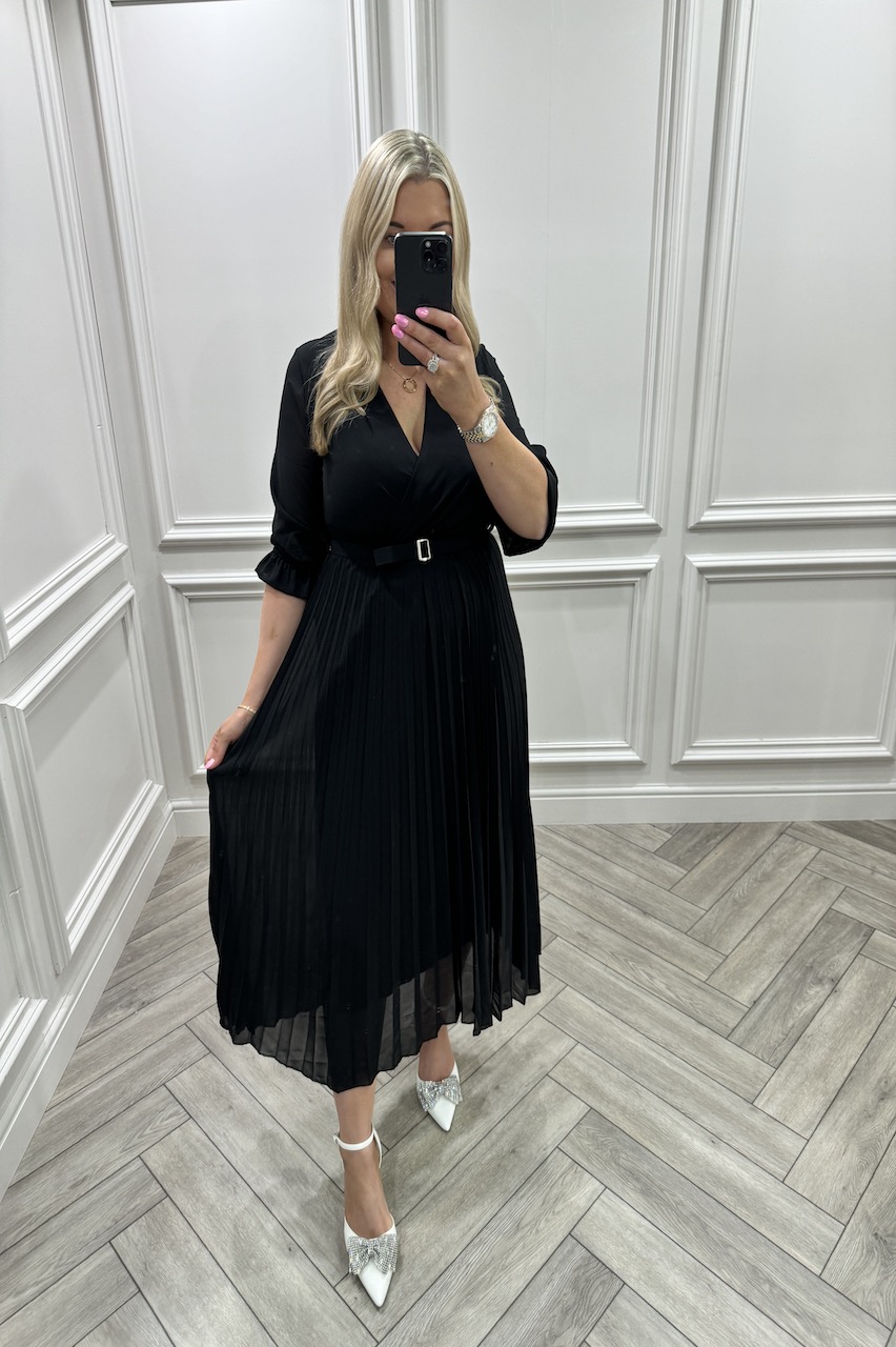 Victoria Black Lux Pleated Midi Dress