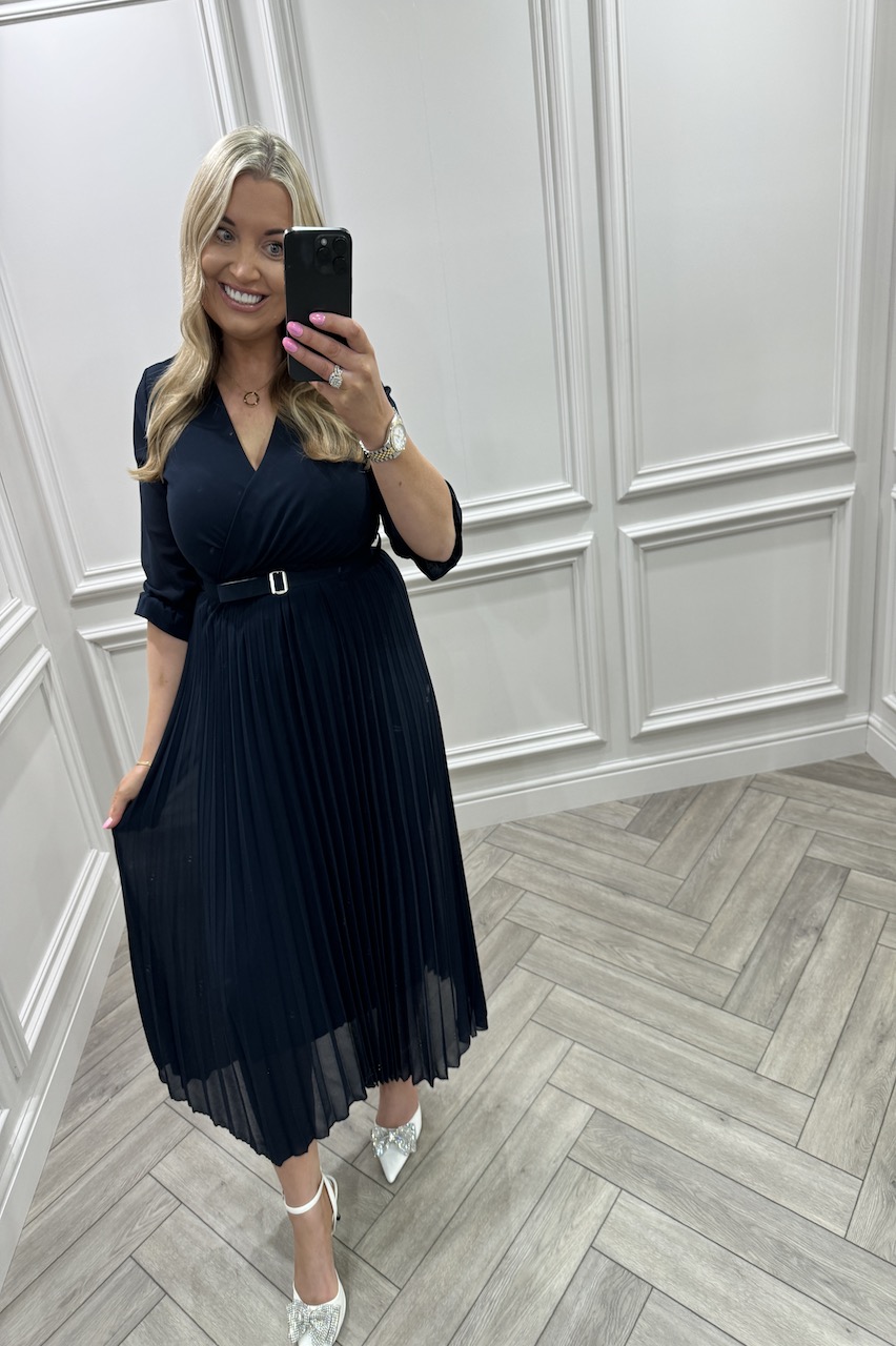  Victoria Navy Lux Pleated Midi Dress