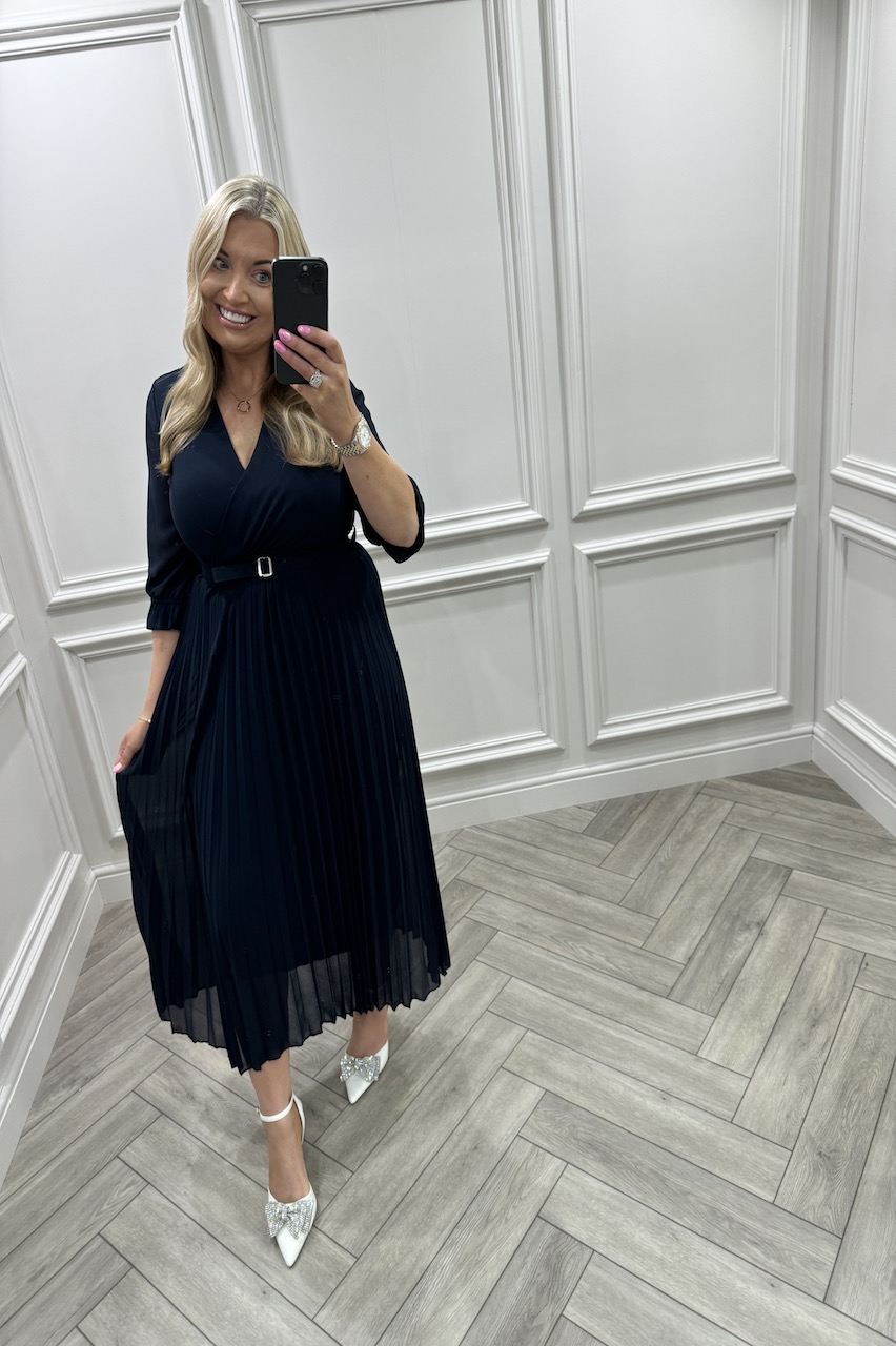  Victoria Navy Lux Pleated Midi Dress