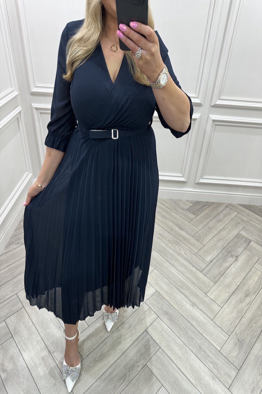  Victoria Navy Lux Pleated Midi Dress