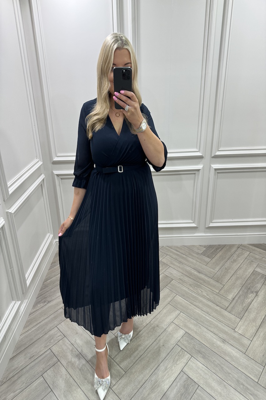  Victoria Navy Lux Pleated Midi Dress