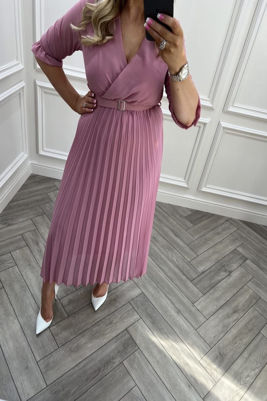 Victoria Dusky Pink Lux Pleated Midi Dress