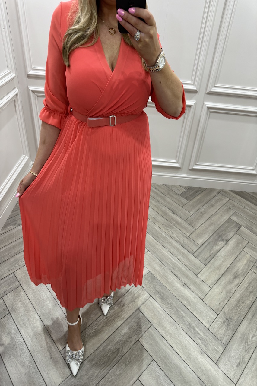 Victoria Coral Lux Pleated Midi Dress