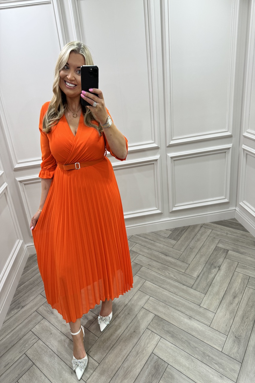 Victoria Orange Lux Pleated Midi Dress