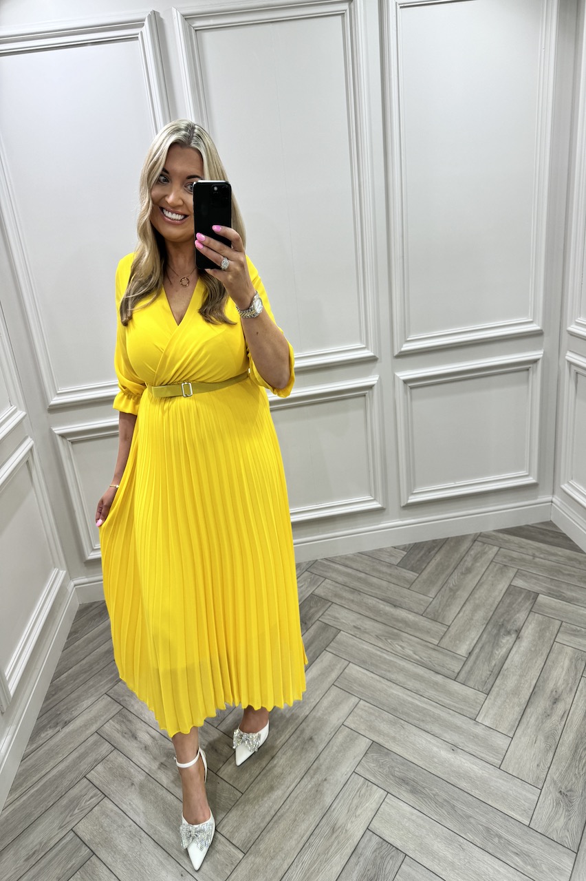 Victoria Yellow Lux Pleated Midi Dress