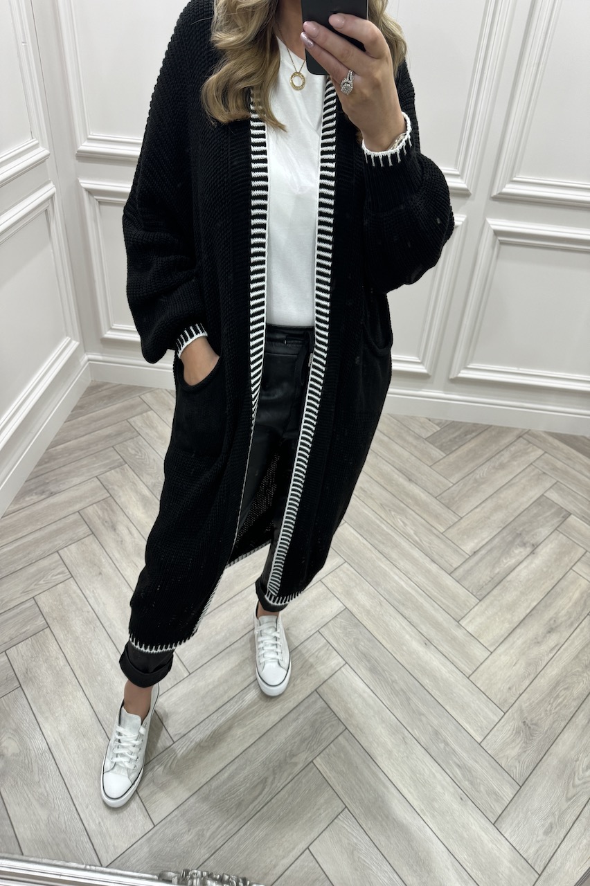 Black Couture Contrast Trim Longline Knitted Cardigan 