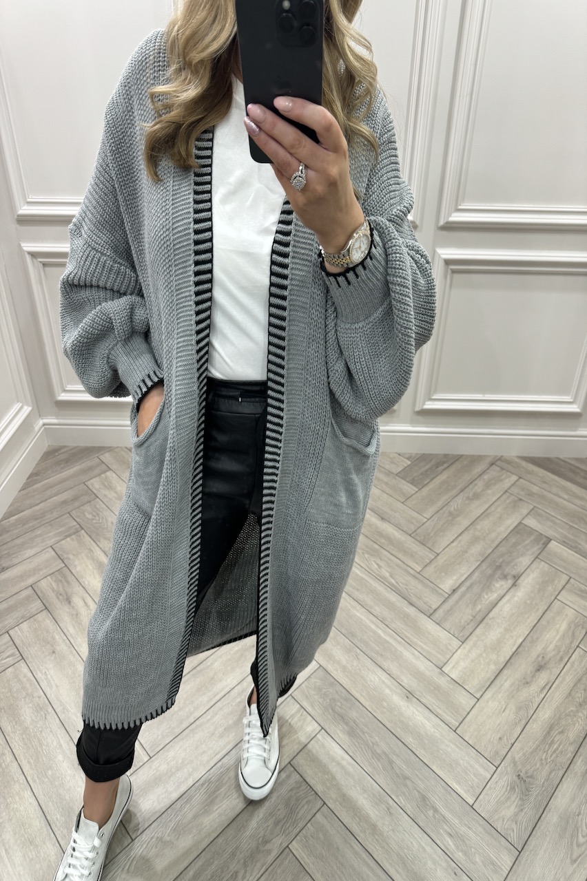 Grey Couture Contrast Trim Longline Knitted Cardigan 