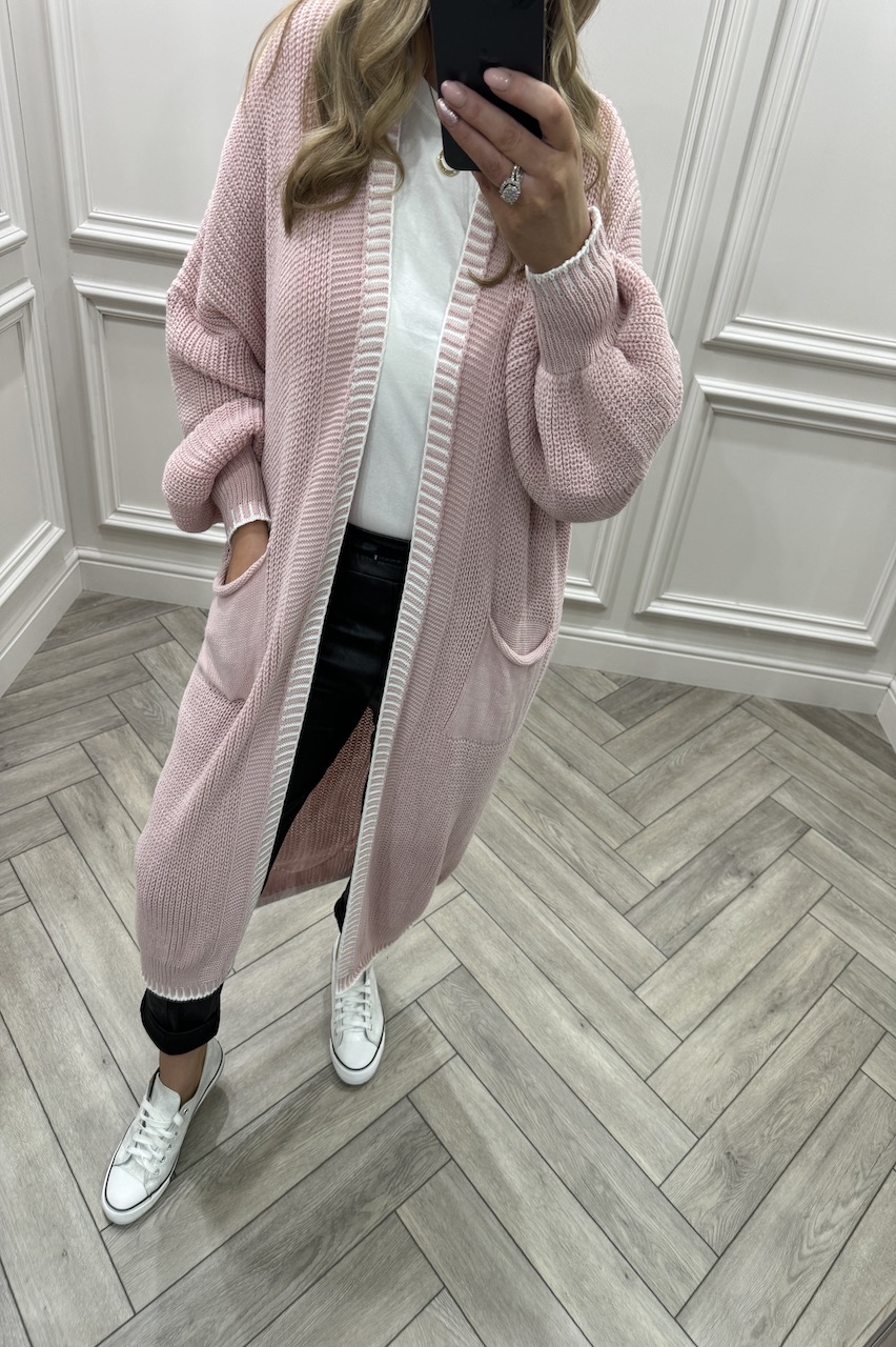 Pink Couture Contrast Trim Longline Knitted Cardigan 