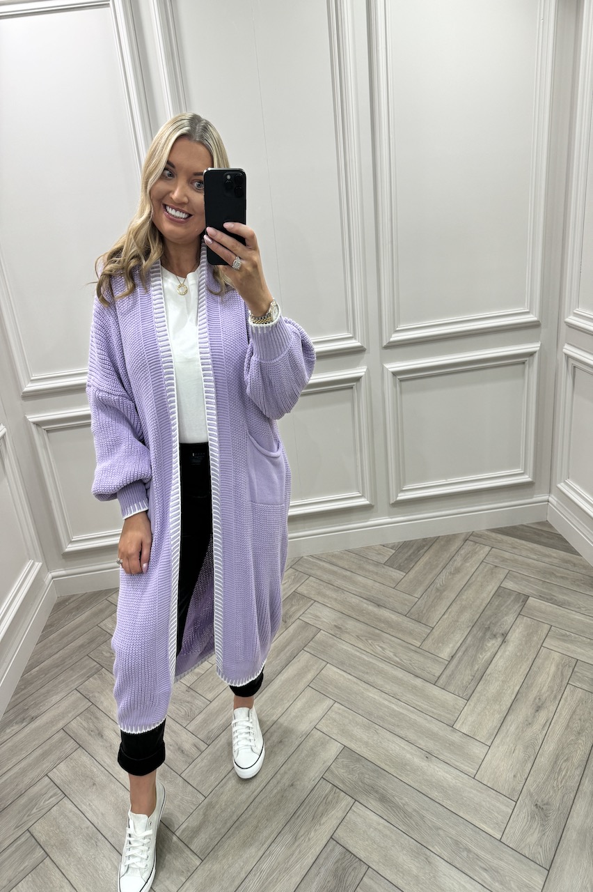 Lilac Couture Contrast Trim Longline Knitted Cardigan 