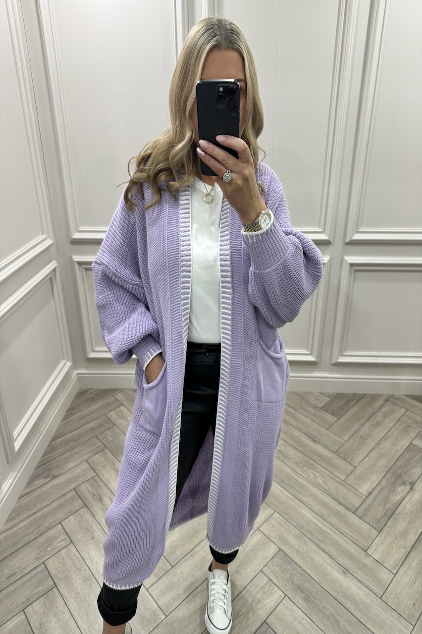 Lilac Couture Contrast Trim Longline Knitted Cardigan 