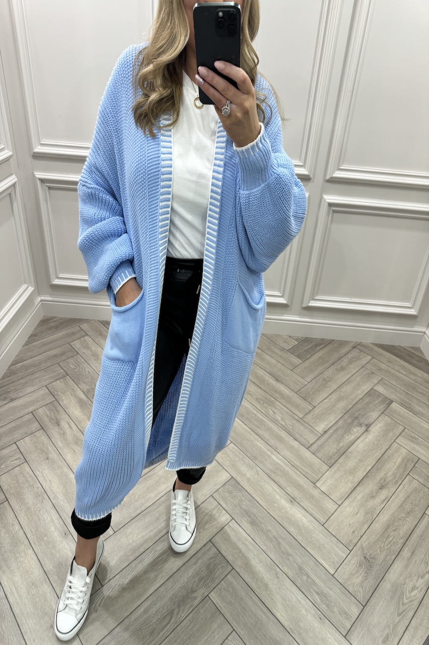 Blue Couture Contrast Trim Longline Knitted Cardigan 