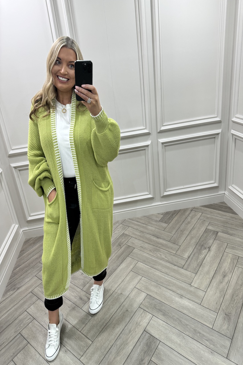 Lime Couture Contrast Trim Longline Knitted Cardigan 