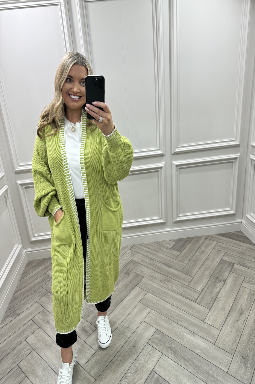 Lime Couture Contrast Trim Longline Knitted Cardigan 