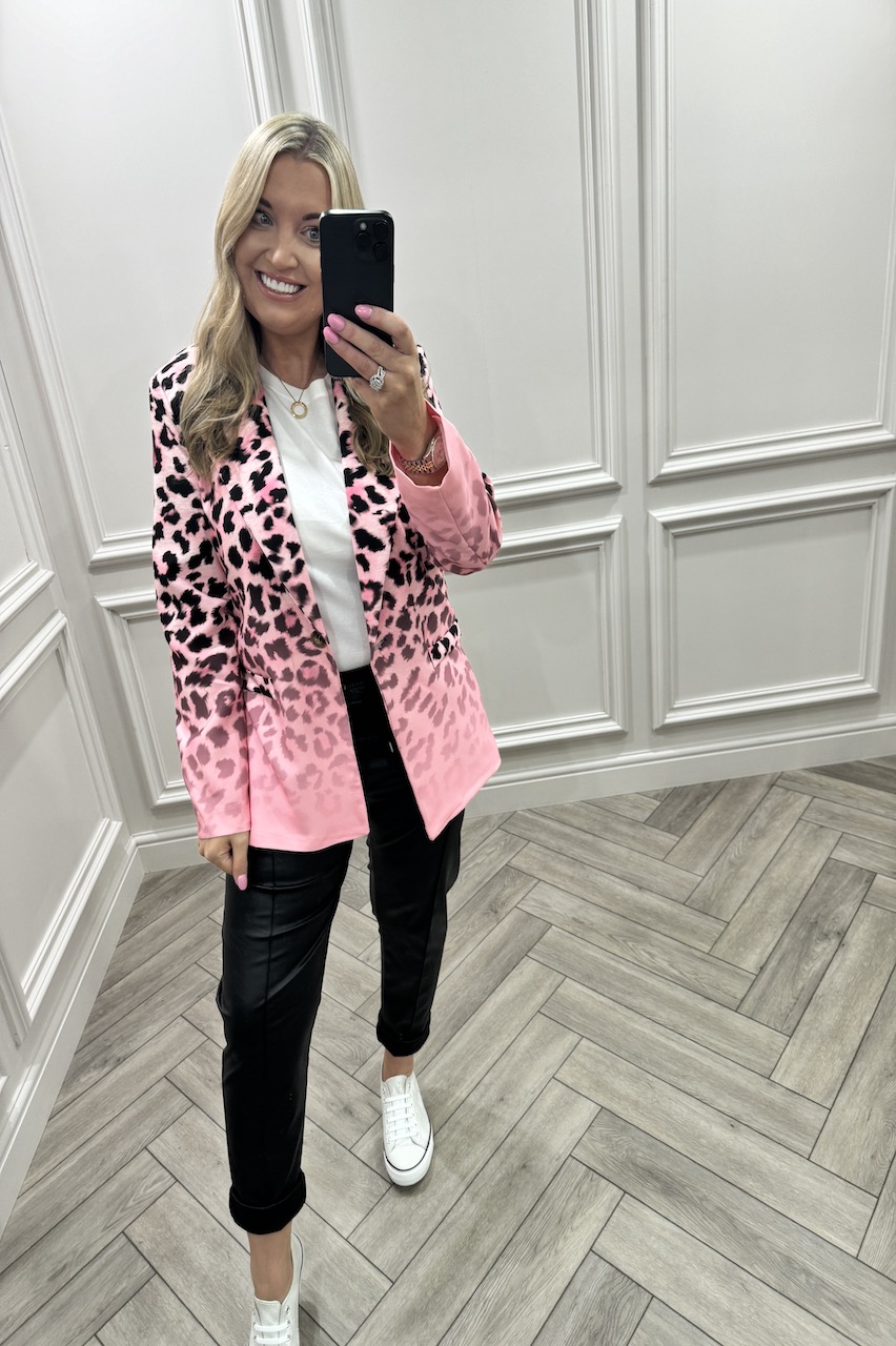 Pink Love leopard Button Leopard Blazer 