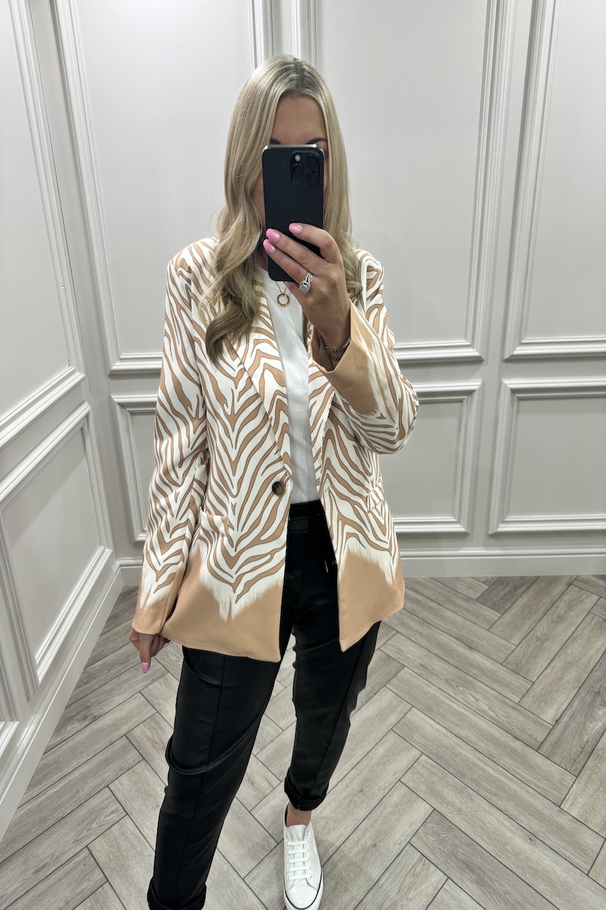 Beige Love Zebra Button Blazer 