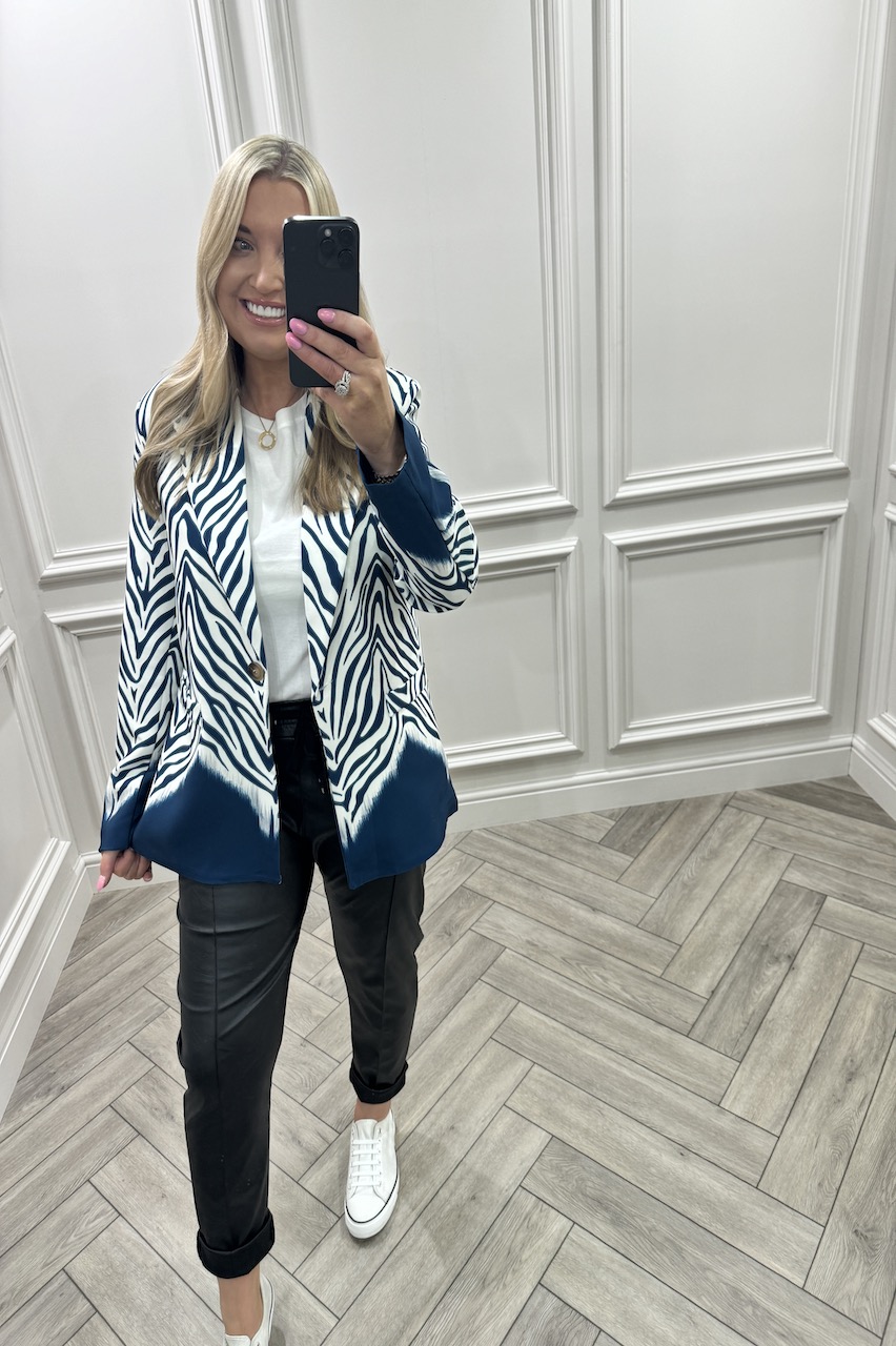 Navy Love Zebra Button Blazer 