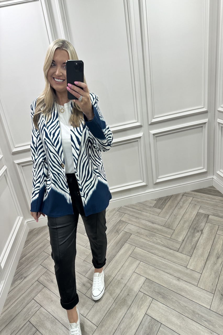 Navy Love Zebra Button Blazer 