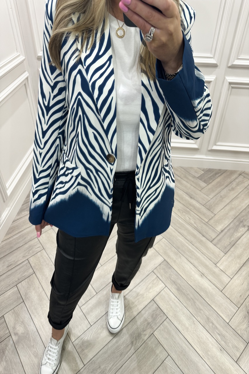 Navy Love Zebra Button Blazer 