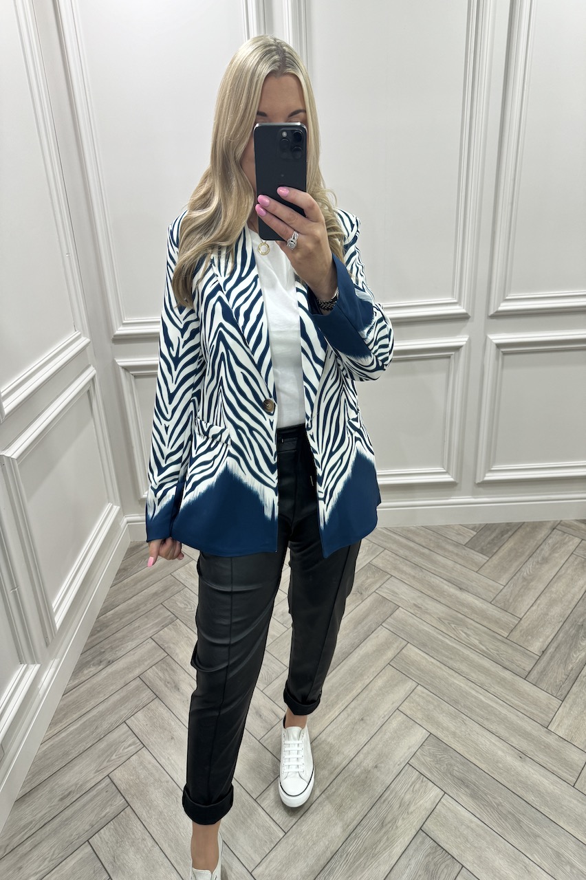 Navy Love Zebra Button Blazer 