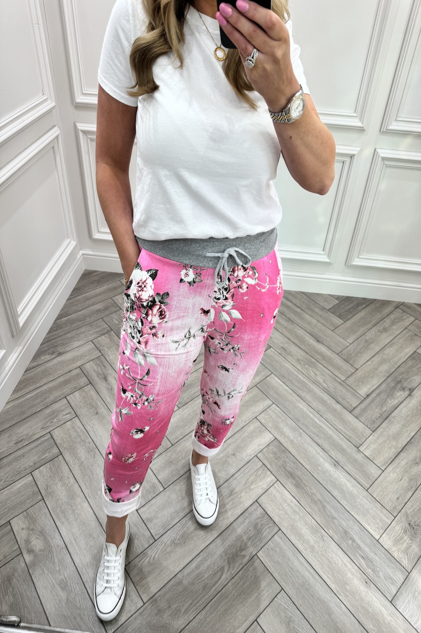 Comfort Pink Floral Grey Band Joggers