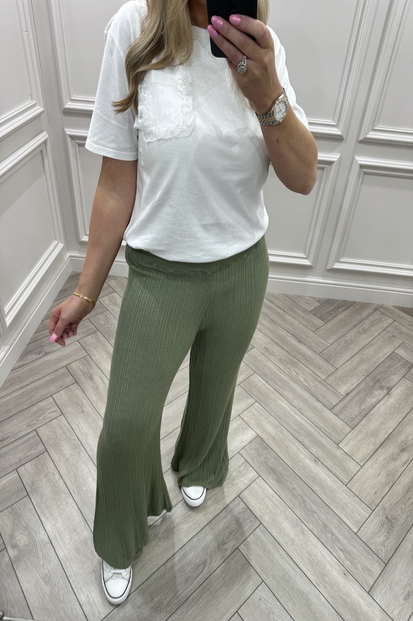 Khaki Must Have Wide Leg Ribbed Trousers